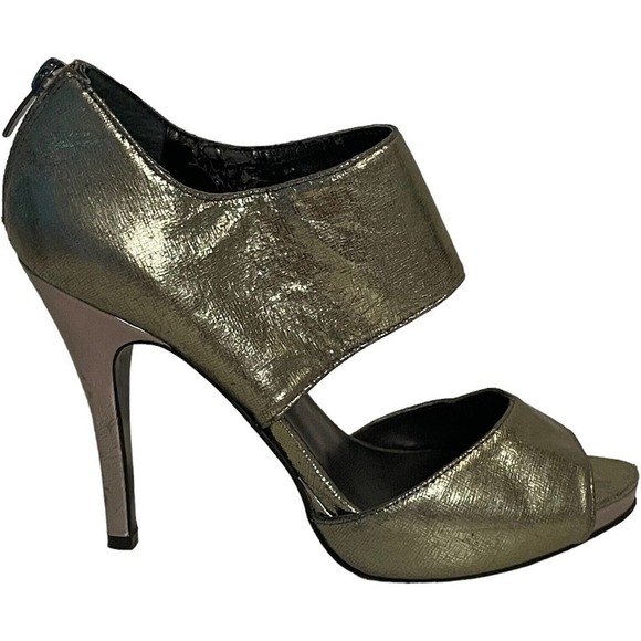 Nine West Silver Metallic Peep Toe Back Zip Stiletto Platform Heels 7.5 - Picture 2 of 10